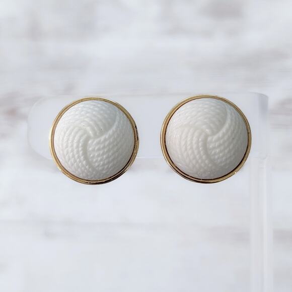Vintage Monet Clip On Earrings Domed White with Gold Tone Statement - Picture 2 of 5